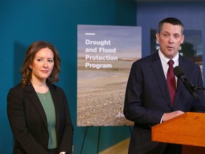 Minster of Environment and Protected Areas Rebecca Schulz and Alberta Minister of Finance Nate Horner speak at Bow Habitat Station in Calgary on Monday, March 4, 2024. The Alberta government announced a new program to fund drought and flood protection projects.