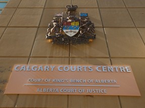 Exterior signage is shown at the Calgary Courts Centre in downtown Calgary on Monday, March 11, 2024.