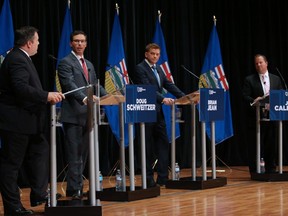 United Conservative Party leadership candidates from left; Jason Kenney, Doug Schweitzer, Brian Jean, and Jeff Callaway take part in a leadership debate at the Mount Royal Conservatory's Bella Concert Hall in Calgary on Wednesday September 20, 2017.