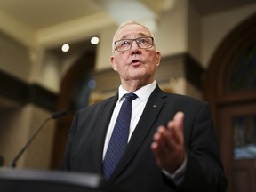 National Defence Minister Bill Blair speaks to reporters in the foyer of the House of Commons on Parliament Hill in Ottawa on Tuesday, March 19, 2024.