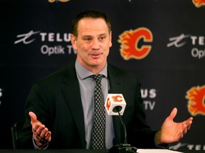 Calgary Flames GM Craig Conroy speaks to media after the NHL trade deadline at the Scotiabank Saddledome on Friday, March 8, 2024.