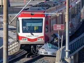 A CTrain collided with a car at Memorial Drive and Deerfoot Trail on Wednesday, February 21, 2024. Gavin Young/Postmedia