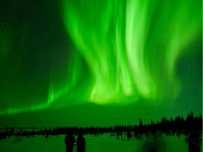 Churchill's arid winter climate increases chances of clear skies, which improves the opportunities to see northern lights. Photo taken during Frontiers North Adventures' inaugural Calgary-Churchill (Manitoba) direct northern lights tour in March 2024.