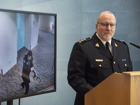 RCMP Supt. Glenn Sells speaks with media at K Division headquarters on Tuesday, March 5, 2024, about Bezhani Sarvar facing federal terrorism charges for a shooting and firebombing at Edmonton city hall on Jan. 23, 2024.