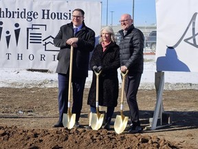 Alberta Seniors, Community and Social Services Minister Jason Nixon, Lethbridge Housing Authority Chief Administrative Officer Robin James and Lethbridge Mayor Blaine Hyggen at Thursday's ground-breaking ceremony for a new 30-unit social housing development in Lethbridge. Lethbridge Housing Authority/Facebook