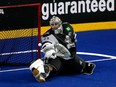 Calgary Roughnecks goalie Christian Del Bianco in action.