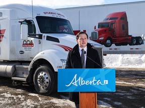 Alberta Transportation Minister Devin Dreeshen announces changes to commercial driver training at CCA Truck Driver Training Ltd. in Calgary on Wednesday.