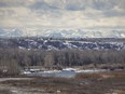 The mountains backdrop the Bow River valley downstream from Carseland, Ab., on Tuesday, April 2, 2024.
