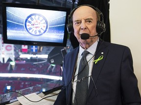 Legendary broadcaster Bob Cole poses prior to calling his last NHL hockey game in 2019.