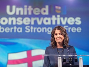 Danielle Smith celebrates the UCP’s win and her re-election as premiere in the 2023 Alberta election at the UCP watch party on the election night at Big Four Building in Calgary on Monday, May 29, 2023. Azin Ghaffari/Postmedia