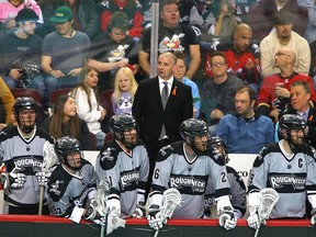 Calgary Roughnecks coach Josh Sanderson is shown behind the bench during a game against the New York Riptide on WestJet Field at Scotiabank Saddledome in Calgary on Feb. 2, 2024.