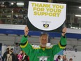 Jim Chocholik thanks the fans, sponsors at the conclusion of the Hockey Marathon for the Kids held in Chestermere, east of Calgary on Tuesday, April 16, 2024. Two teams of players were on the ice for 262 hours to raise funds for the Alberta Children's Hospital Foundation.