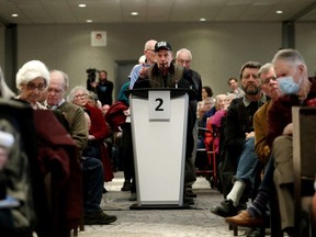 Edmontonians ask questions to CPP Investments' Michel Leduc during a public meeting about the Canada Pension Plan Fund, Thursday April 17, 2024.