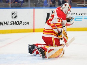 Dustin Wolf made 20 saves to get the victory in his hometown as the Calgary Flames defeated the San Jose Sharks 3-2 in overtime at the SAP Center in San Jose on Tuesday, April 9,2024.