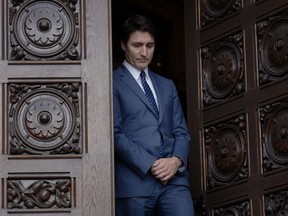 Prime Minister Justin Trudeau steps out of the west doors of West Block to meet with the President of Ecuador Daniel Noboa on Tuesday, March 5, 2024 in Ottawa. THE CANADIAN PRESS/Adrian Wyld