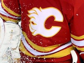 The Calgary Flames logo as seen on one of their goalies during game action during the 2023-24 season.