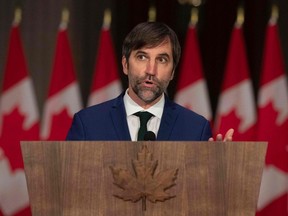In this file photo taken on October 26, 2021 Minister of Environment and Climate Change, Steven Guilbeault speaks during a press conference in Ottawa, Canada.
