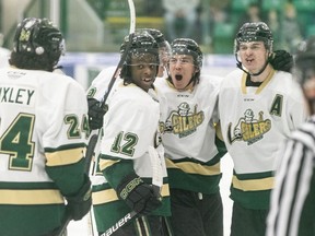 The Okotoks Oilers celebrate a goal against the Spruce Grove Saints during their wildcard series at Okotoks Centennial Arena on April 10, 2024.