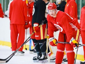 Forward Lucas Ciona takes part in the 2023 Calgary Flames Prospects Training Camp at WinSport on Sept. 14, 2023.