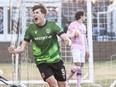 Cavalry FC midfielder Tobias Warschewski celebrates his goal against Vancouver FC during their Canadian Championship match on ATCO Field at Spruce Meadows on Tuesday, April 23.