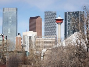 The downtown Calgary skyline is seen beyond the Elbow River from 25 Avenue S.W. on Thursday, February 29, 2024.