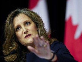 Deputy Prime Minister and Minister of Finance Chrystia Freeland holds a press conference prior to tabling the Federal Budget in Ottawa on Tuesday, April 16, 2024. Freeland says the $5-billion announced for an Indigenous loan guarantee program in last week's budget is just a start.