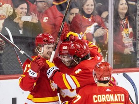 Calgary Flames centre Blake Coleman #20 celebrates his goal during the first period against the San Jose Sharks at the Scotiabank Saddledome in Calgary on Thursday, April 18, 2024. Brent Calver/Postmedia
