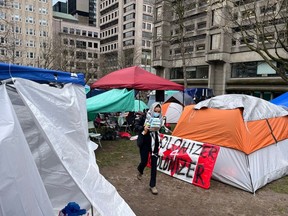 Students set up a protest encampment in solidarity with Palestinians at McGill University in Montreal on April 28, 2024.