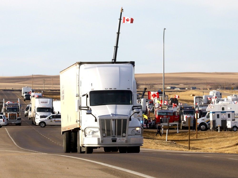 A roadblock on Highway 4 outside of Milk River heading towards the Coutts border crossing on Tuesday, February 8, 2022.