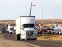 A roadblock on Highway 4 outside of Milk River heading towards the Coutts border crossing on Tuesday, February 8, 2022.