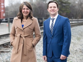 Alberta Premier Danielle Smith and Transportation and Economic Corridors Minister Devin Dreeshen at the announcement of plans for Alberta passenger rail in a news conference at Heritage Park in Calgary on Monday, April 29, 2024.