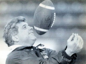 Wally Juggles. Calgary Stampeders head coach Wally Buono juggles a ball during the Stamps afternoon practice in Calgary. The Stamps will play Saskatchewan on Sunday in the Western Semi-final. Filed on December 15, 1994.