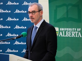 Bill Flanagan speaks in an undated file photo. The University of Alberta president is defending the school's decision to remove a pro-Palestine encampment from campus on Saturday, May 11, 2024.