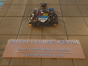 Exterior signage is shown at the Calgary Courts Centre in downtown Calgary.