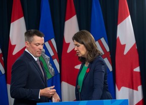 Premier Danielle Smith and Finance Minister Nate Horner announced reforms to auto insurance at the Alberta legislature on Nov. 1, 2023.