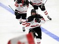 Gavin McKenna celebrates his 3-3 equalizer on power play during the 2024 IIHF ice hockey U18 world championships final match between the United States and Canada in Espoo, Finland, Sunday, May 5, 2024.