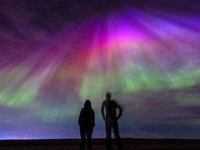 Northern lights colour the night sky north of Calgary on Saturday, May 11, 2024. One of the strongest geomagnetic storms in years produced the intense and dramatic lights.