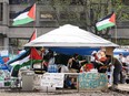 A tent with free supplies is seen at the pro-Palestinian encampment on McGill University campus Monday, May 6, 2024 in Montreal.