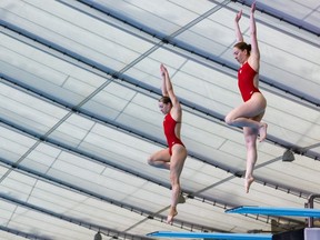Calgary's Margo Erlam, left and Aimee Wilson practise at the MNP Community & Sport Centre on Wednesday May 1, 2024 ahead of Canada Cup diving competition that runs May 2-5.