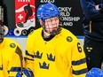 Axel Hurtig of Sweden looks at the game during the semifinal of U18 Ice Hockey World Championship match between Sweden and Canada at St. Jakob-Park on April 29, 2023 in Basel, Switzerland.