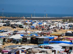 Tents are set up by displaced Palestinians in al-Mawasi near the border with Egypt in Rafah in the southern Gaza Strip on May 9, 2024, amid the ongoing conflict between Israel and militants from the Hamas movement.