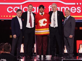Zayne Parekh is selected by the Calgary Flames with the ninth overall pick during the NHL Draft in Las Vegas on Friday, June 28, 2024.