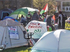 The pro-Palestinian encampment at the University of Alberta on May 10, 2024, a few days before it was removed by police. Three campers charged with assault and obstruction have had their charges stayed.