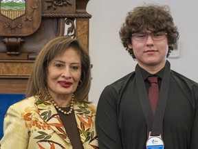 Grade 11 student Shayden Fayant is one of nine exceptional students celebrated by the Alberta School Boards Association with Lieutenant Governor of Alberta student award by Alberta Lt. Gov. Salma Lakhani, left, at Government House on Monday, June 10, 2024,in Edmonton.