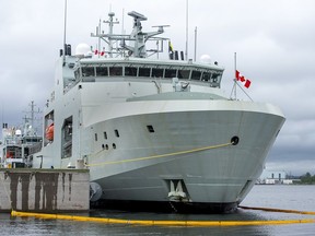 The future HMCS Margaret Brooke, is docked at a ceremony in Halifax on July 15, 2021.