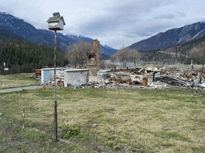 Devastated buildings in Lytton in March, 2022, nine months after the town was destroyed by a wildfire which roared through on June 30, 2021.