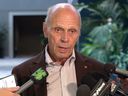 Steve Allan, member of the Rethink the Green Line committee, speaks to media at Calgary City Hall while council members discuss the extent of the project on July 30, 2024.