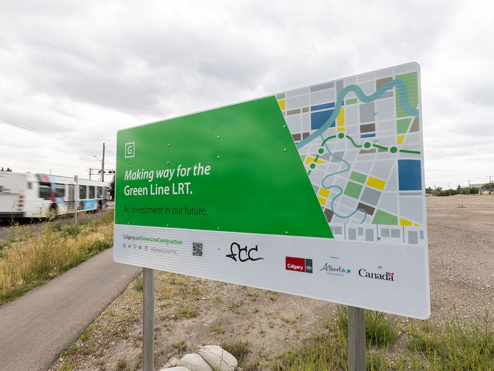 A sign advertising the route of the proposed Green Line LRT is seen at the corner of 21 Avenue and 11 Street S.W. in the Ramsay neighbourhood of Calgary on Wednesday, September 4, 2024.