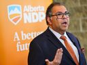 Alberta NDP leader Naheed Nenshi speaks with media following a town hall at the University of Calgary on Saturday.