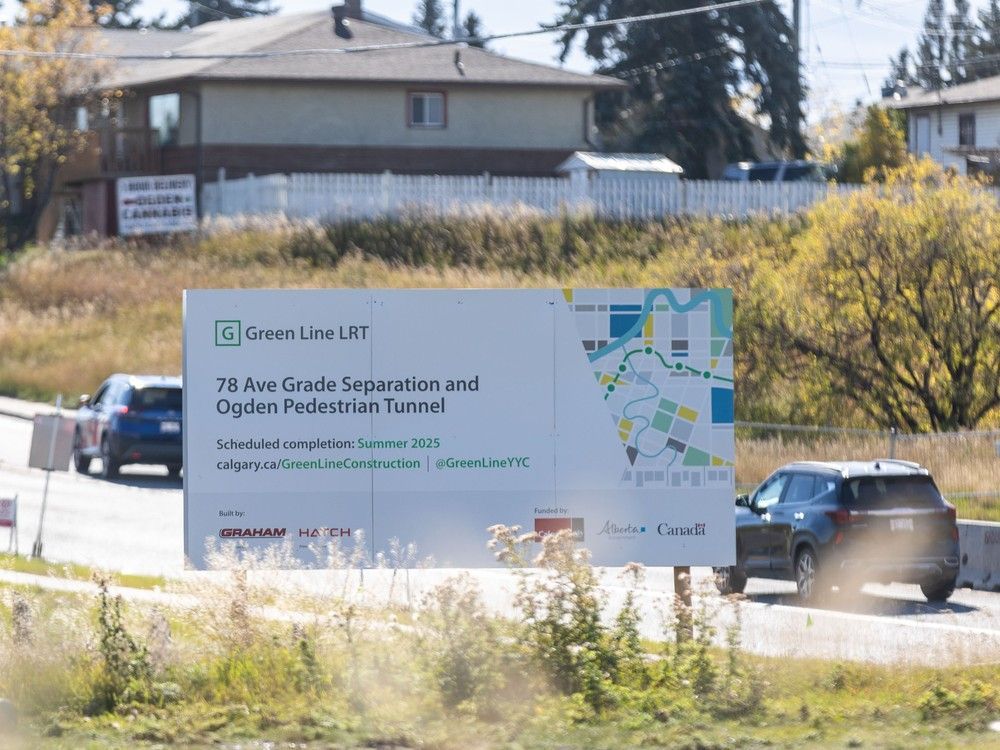 Construction work and signage for a pedestrian underpass tied to the Green Line LRT project is seen along Ogden Road S.E. near 78th Avenue in Calgary on Thursday, October 10, 2024. The site is just south of the proposed Lynnwood / Millican Station.